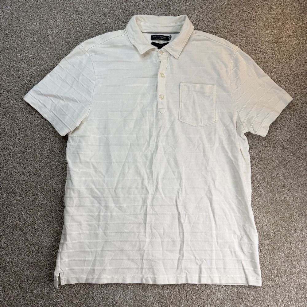 Banana Republic Performance Pique Polo Shirt Mens L White Stripe Short Sleeve